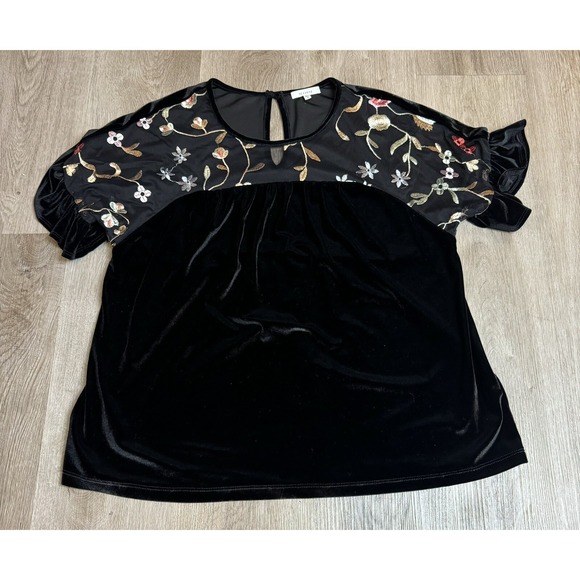 Pleione Velvet Floral Embroidered Blouse Top Keyhole Ruffle Short Sleeve - Picture 1 of 7